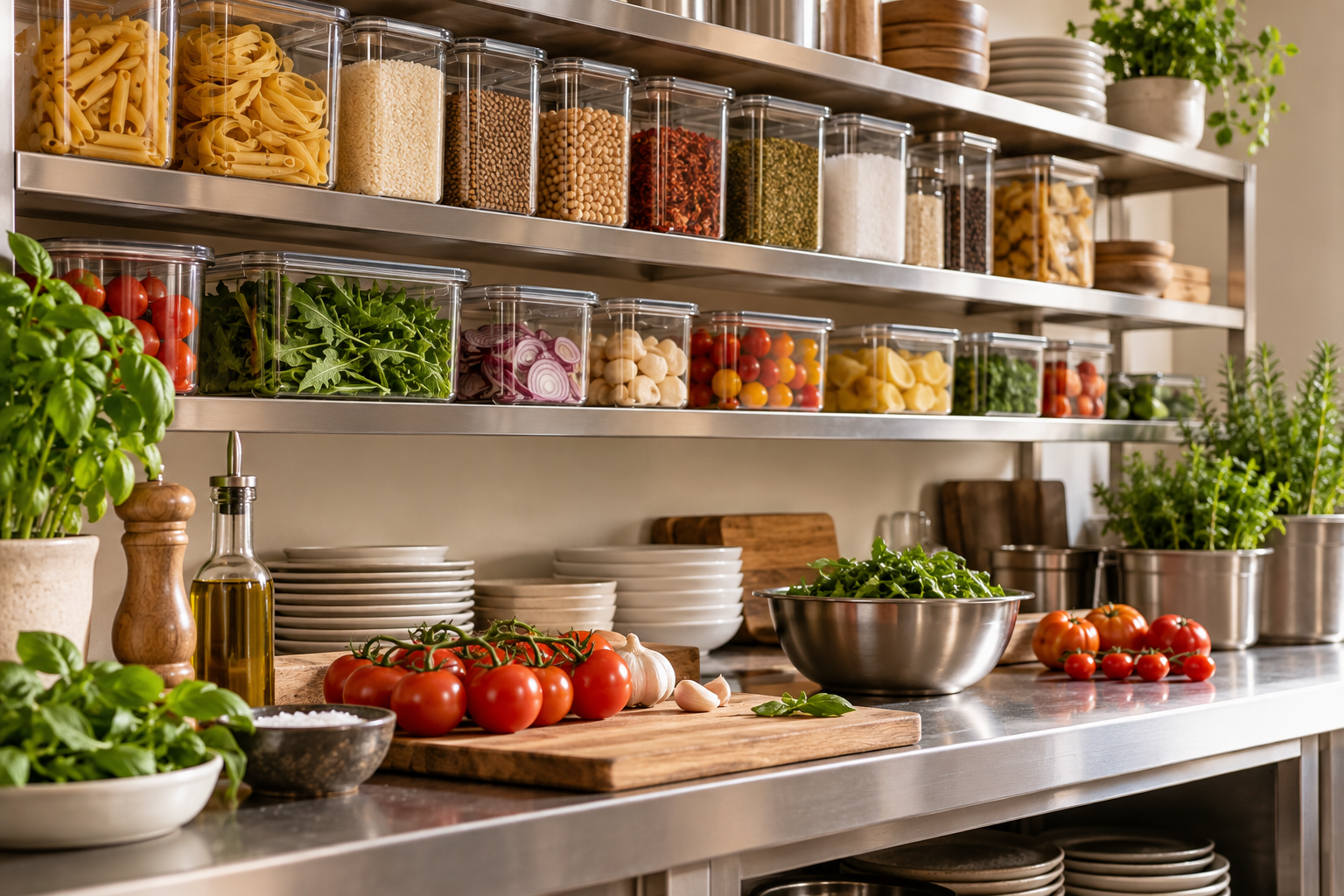 Ingredientes y productos organizados en la despensa de una cocina profesional