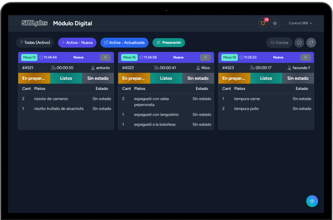 KDS de SmartRestoBar con pedidos por mesa, productos y estados de preparación